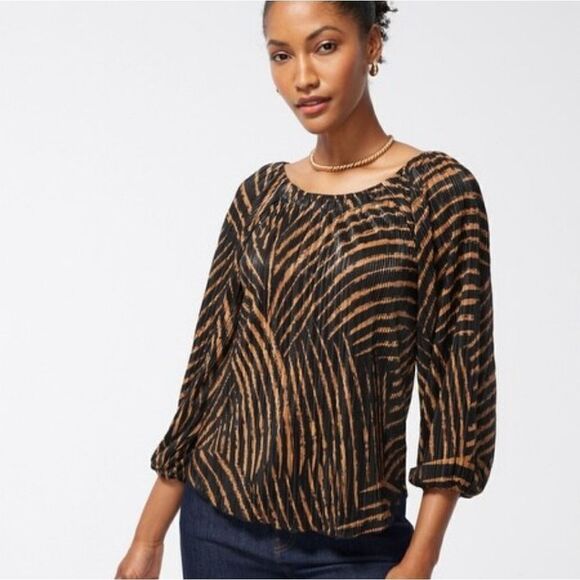 Chico's Print Metallic Crinkle Top Size XL in Black and Tan - Picture 1 of 13